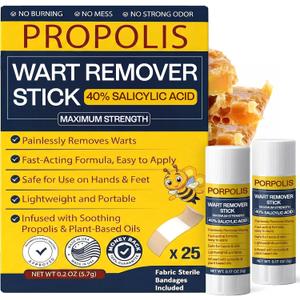 Wart Remover Propolis Infused Wart Removal Stick with 40% Salicylic Acid | Treats Stubborn Warts on Hands, Feet & Body | Painless, Fast Acting, Maximum Strength | Portable & Easy to Apply 10 g