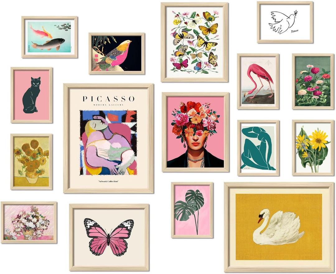 16 PCS Framed Eclectic Wall Art Decor, Modern Maximalist Home Gallery Wall Frame Set Prints for Bedroom Bathroom, Posters for Living Room Aesthetic, Colorful Dorm Artwork Collage Kit Pictures (12"x15" Framed)