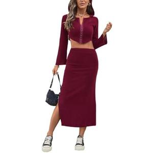 olrain Y2K Women 2 Piece Outfits Long Sleeve Boat Neck Crop Top High Waist Slit Bodycon Skirt Sets Ribbed Knit Spring Fall Large