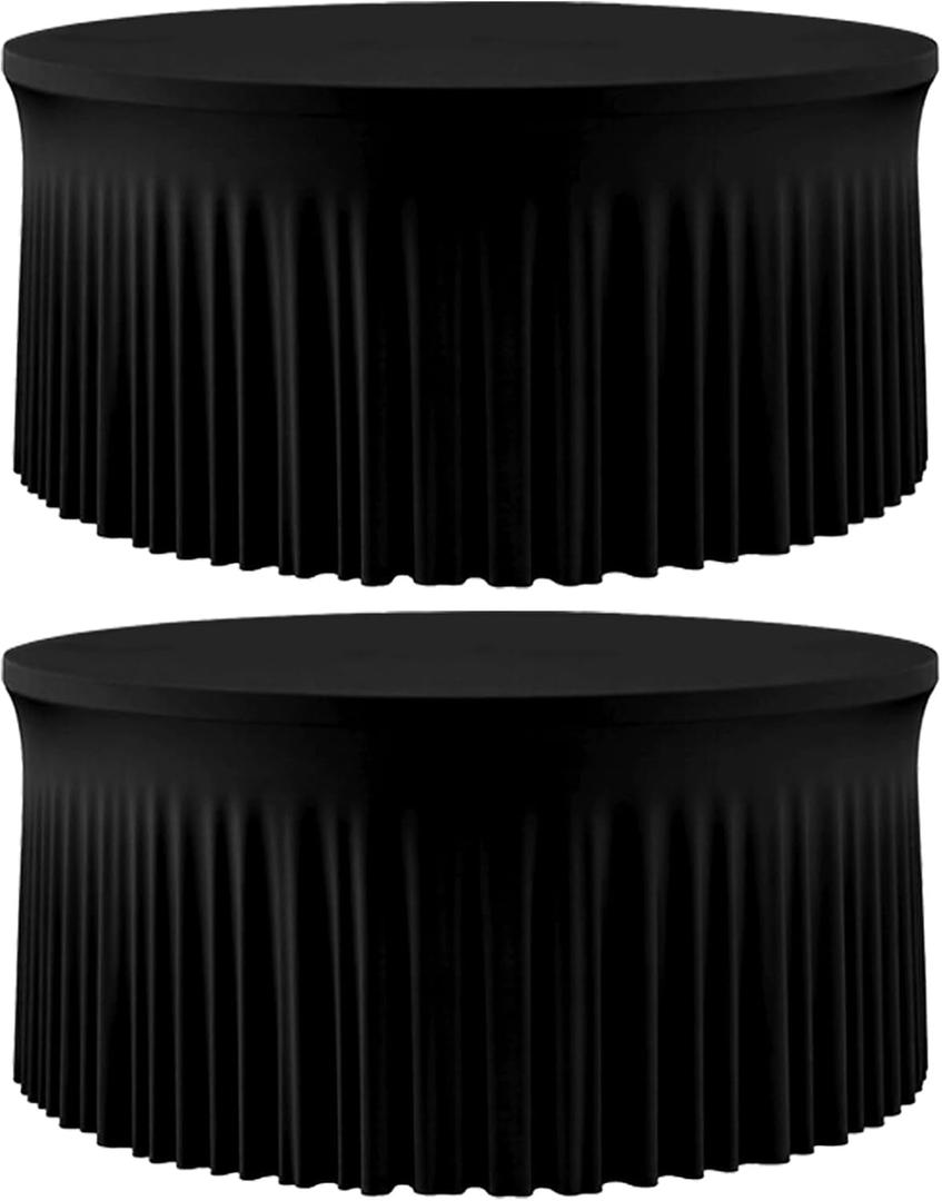2 Pack Black 60 inch Round Spandex Tablecloth, Washable Stretchy Fitted 5FT Round Tables,Elastic Edge with Skirt, Wrinkle-Free Table Cloths for Wedding Banquet Party Birthday Buffet