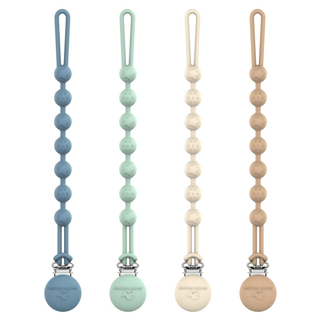 Cuddle Campus Silicone Pacifier Clip Holder with One Piece Design, Pack of 4 Soft Flexible Binky Clips with Texture for Baby Boy and Girl Set 1(6M+) (Neutral)