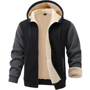 Gihuo Mens Sherpa Hoodies Zip Up Fleece Lined Sweatshirt Hooded Winter Warm Jacket (Large, Black-Grey)