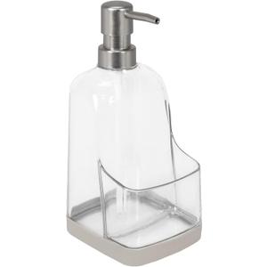 Spectrum Cora Kitchen Soap Dispenser with Sponge Holder for Kitchen Sink Organization, Easy to Clean Soap Pump Sponge Holder Storage Compartment Plastic Sink Caddy with Grip Base, Warm Gray & Clear