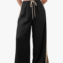 Linen Pnats Women Wide Leg Striped Capri Pants Casual Baggy Linen Trousers with Pockets Medium