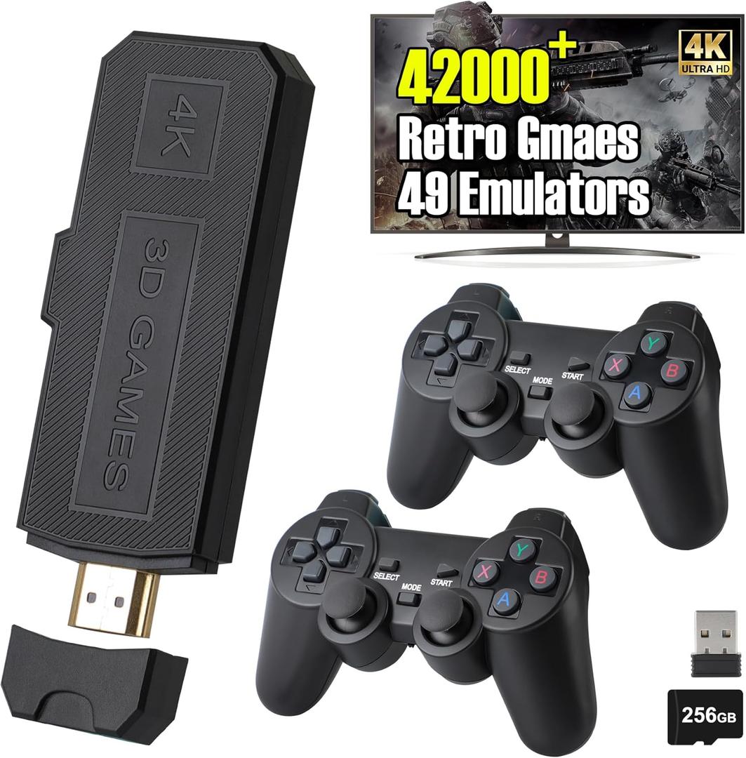 Wireless Retro Game Stick – Plug & Play 4K HDMI Video Console with 42,000 Classic Games, 15 Emulators, Dual 2.4G Wireless Controllers, Supports Up to 4 Players, 256GB Built-in