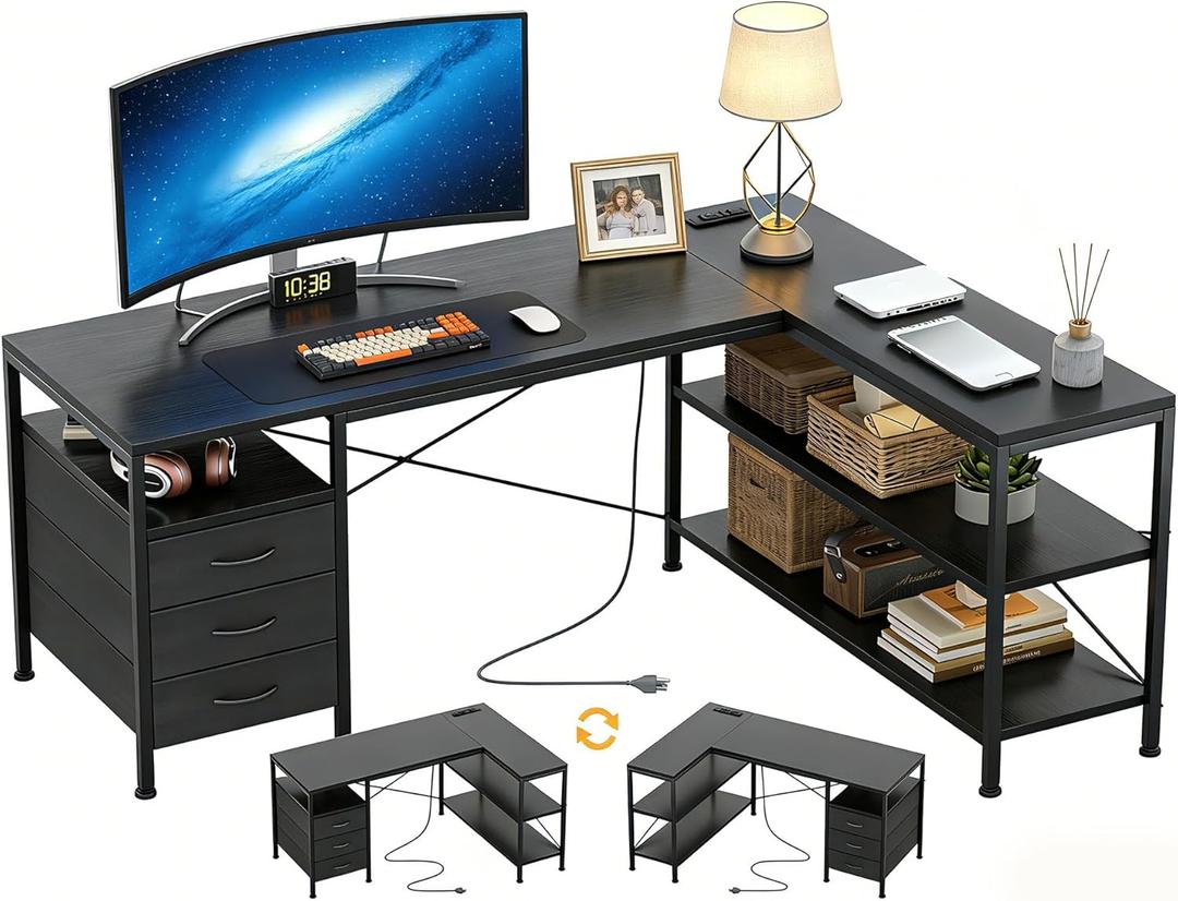 Alpen Computer Desk with Drawers, L Shaped Desk for Bedroom with Power Outlets, Gaming Table with 3 Drawers and Shelves, Corner Desk for Gaming, Study Writing PC Table, Black, 47 Inches Without Led Lights