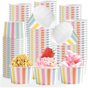 120 Pcs Striped Ice Cream Cups 12 oz Disposable Colorful Rainbow Stripe Paper Dessert Snack Bowl Pastel Food Yogurt Cup Container for Carnival Birthday Baby Shower Summer Party Supplies