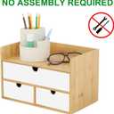 Desk Organizer with Drawers - Bamboo Desktop Organizer Storage | Natural-White Wood Desk Drawers Organizer for Bills, Office Supplies, Cosmetics, Seals No Assembly Required