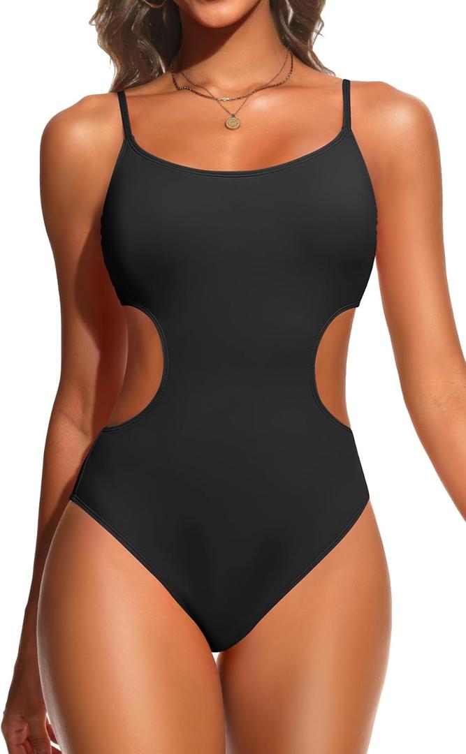 Tempt Me Women's Cutout One Piece Swimsuits High Cut Monokini Scoop Neck Bathing Suit (X-Large, Black)