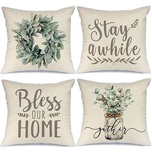 GEEORY Farmhouse Decor Pillow Covers 18x18 Inch Set of 4 Eucalyptus Wreath Bless Our Home Decorative Throw Pillow Covers Stay a While Cushion Case Pillow Case for Couch Sofa