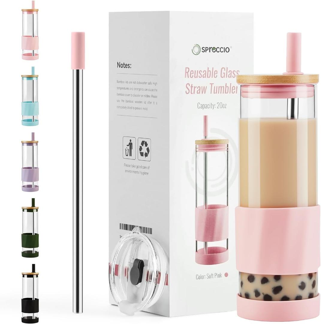 Glass Cups With Lids and Straws, 20oz Reusable Iced Coffee Cup, Soft Pink Glass Tumbler with Silicone Sleeve, Perfect for Fruity Drinks, Iced Tea, or Smoothies