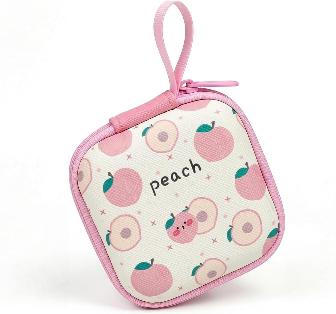 Cute Earbud Case with Carabiner, Mini Hard Shell Carrying Pouch for Wired & Wireless Earphones, Small EVA Travel Organizer Box for Charging Cables, USB Flash Drives & Coins, Peach