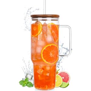 49oz Glass Tumbler with Acacia Wood Lid & Dual Straws, Large Cup with Handle and Straws Glasses Water Bottle Mason Jar Wide Mouth Iced Coffee Cups Travel Mug for Water,Juice,Smoothie,Bubble Tea,Soda