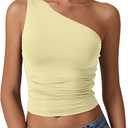 QINSEN Women's One Shoulder Tank Tops Double Lined Sleeveless Slim Fit Cropped Tee Shirt Y2k Tops (Light Yellow)