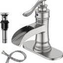 BWE Brushed Nickel Bathroom Sink Faucet 1 Hole, Single Handle Waterfall Bathroom Faucet with Pop Up Drain and Hoses, Lead-Free Vanity Faucet for Home or Commercial Use, Brass Construction