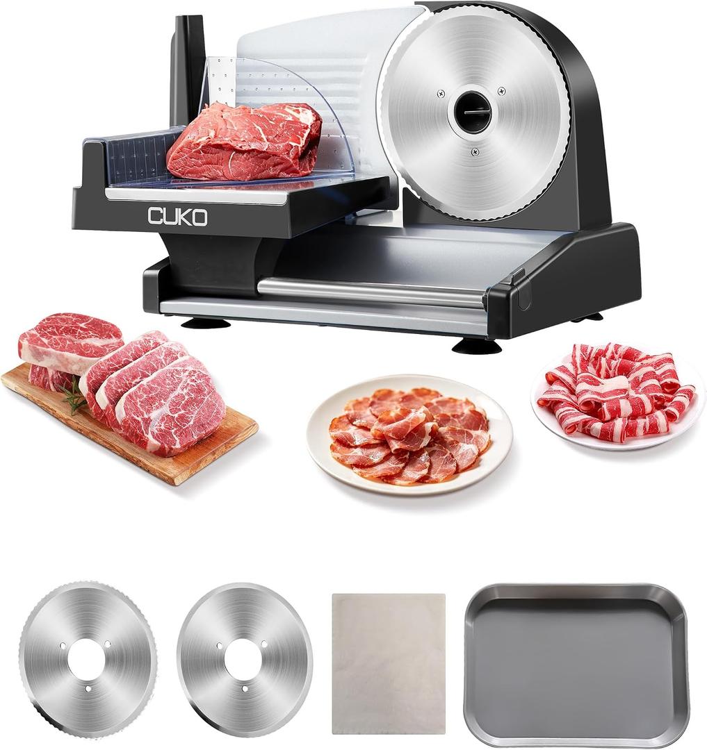 CUKO Meat Slicer,200W Electric Deli Meat Slicer, 2 Removable 7.5'' Stainless Steel Blades & Tray, 0-15mm Adjustable Thickness, Easy to Clean, for Meat, Cheese, Bread, Fruits and Vegetables