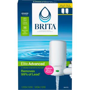 Brita Faucet Mount Water Filter System, White, No-Wait Filtration, Easy Install, Multi-Use Tap Water Filter for Kitchens, Bathrooms & Small Spaces (Elite Advanced - 2 ct)