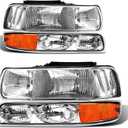 Headlight Assembly for 1999 2000 2001 2002 Chevy Silverado 1500 2500/1500HD 2500HD 3500/2000-2006 Tahoe/Suburban Chrome Housing Amber Reflector Pair