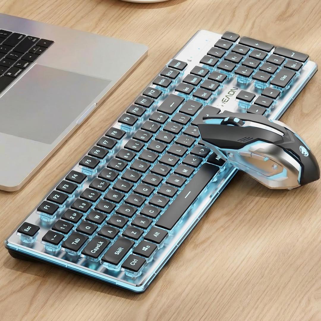 EWEADN V3 Wireless Keyboard and Mouse with Blue Backlit, Metal Panel, Bluetooth/2.4G Rechargeable Computer Keyboard and Mouse Combo Silent Lighted Full Size Cordless Keyboards-Black