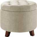 Amazon Basics Round Storage Ottoman Foot Rest, Button Tufted Upholstered Footstool with Storage, Sturdy Linen Fabric for Living Room and Bedroom, 20" x 17", Beige