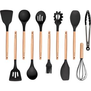 11-Piece Silicone Kitchen Utensils Set with Non Toxic Spatula, Tongs, Whisk, Turner & Ladle  Heat Resistant, Non-Scratch Cooking Tools with Wooden Handles, BPA-Free, Dishwasher Safe (Black)