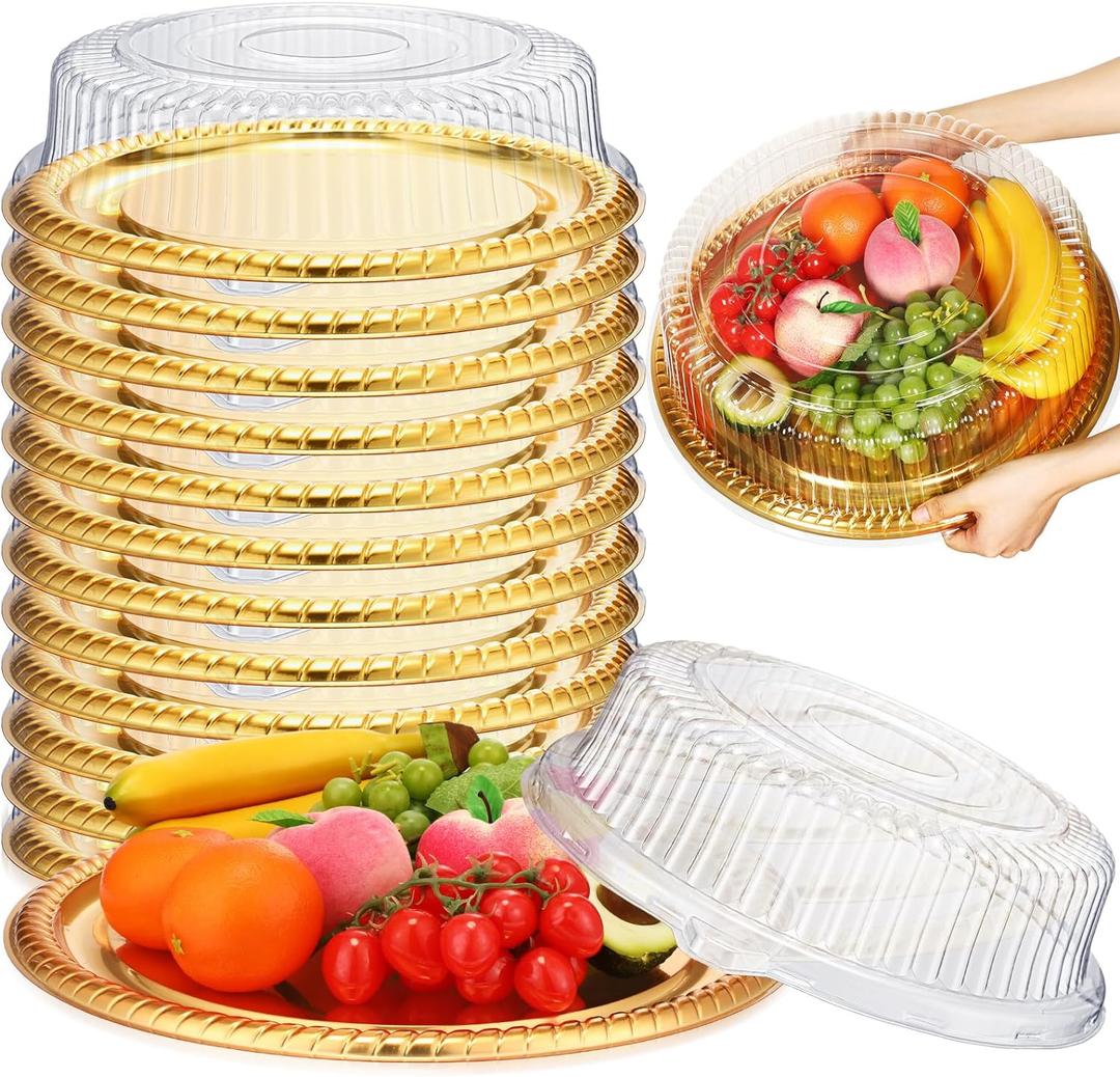 Nitial 12 Pcs Heavy Duty Serving Tray with Clear Lid, Round Elegant Gold Catering Trays Disposable Large Plastic Platters for Fruit Cake Sandwich Party Takeout Food Picnic Supplies (16 Inches)