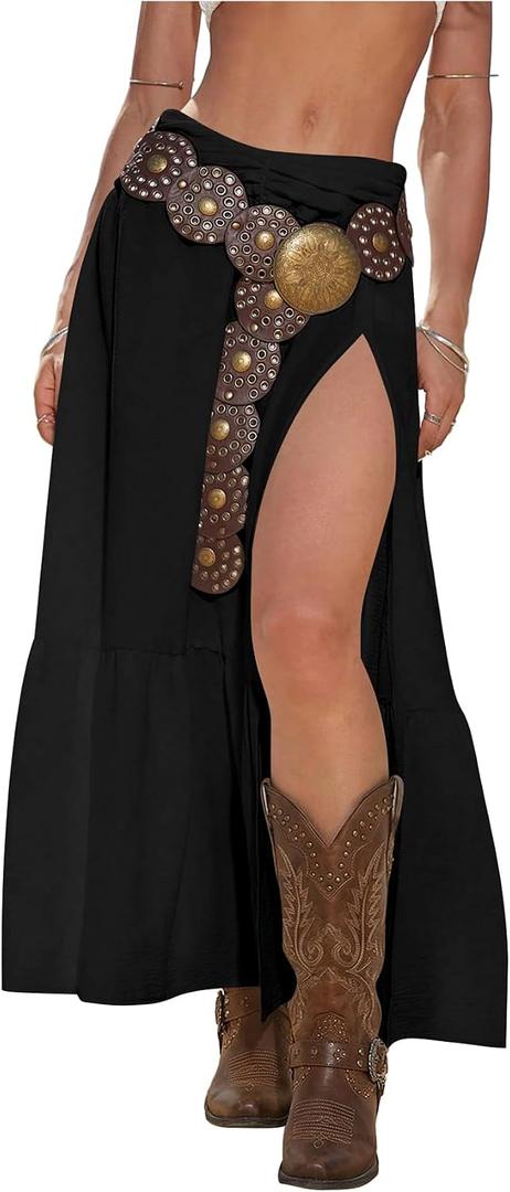 SHENHE Women's Boho Western Low Rise Maxi Skirt Ruffle High Slit Country Cowgirl Skirts (Black, L)