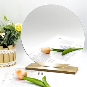 10'' Circle Shape Mirror for Room Decor, Acrylic Mirror with Wood Stand, Frameless Makeup Mirror for Desk Decor, Unique Decor for Bedroom Accessories (Round)