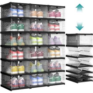 SONGMICS Foldable Shoe Boxes, Pack of 18 Stackable Shoe Storage Organizer, Set of 3 Integraed Shoe Cabinets, Portable, Fit up to US size 13, 60s Assembly, Transparent and Ink Black ULSP207B01