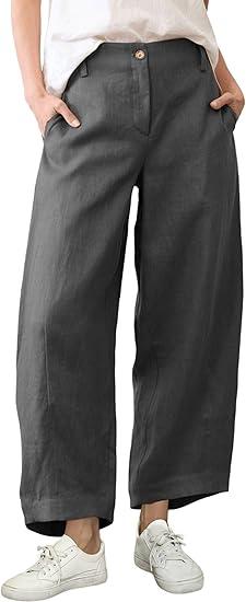 Tanming Womens Linen Pants Casual Capri Baggy Wide Leg Trousers Palazzo Pants Beach Vacation Outfits (Grey, L)