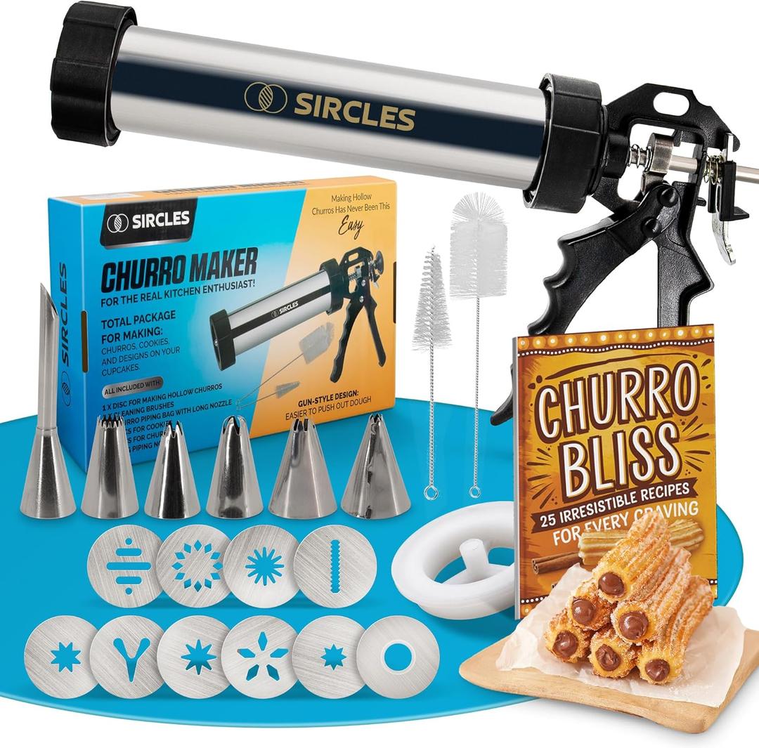 SIRCLES Churro Maker Machine Kit - Large & Durable Stainless Steel 14" Churro Gun with Hollow Churro Disc - Complete Churros Maker Set - Churreras para Churros - Maquina para Hacer Churros
