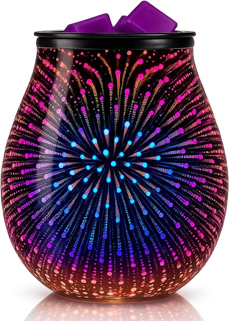 Leyoue 3D Glass Fireworks Electric Wax Melt Warmer with PTC Heating Plate 7 Colors LED Changing Light Wax Burner Melter Fragrance Warmer for Home (3D)