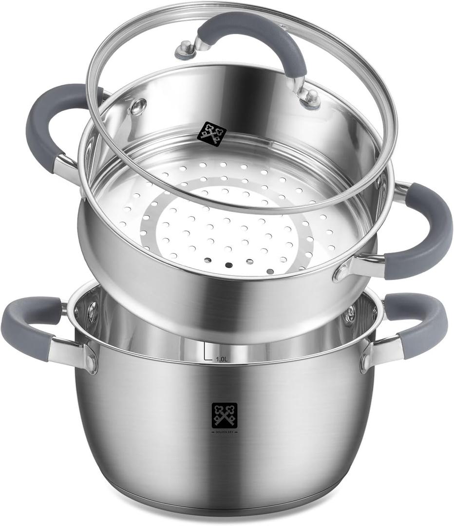 GOLDEN KEY 3.2 QT Steamer Pot With Lid - 2-Tier 18/8 Stainless SteelMultipurpose Steaming Cookware with Vegetable Steam Basket, Oven & Dishwasher Safe, Triple Bottom for Even Heating, Perfect for Dumplings, Seafood and Vegetables