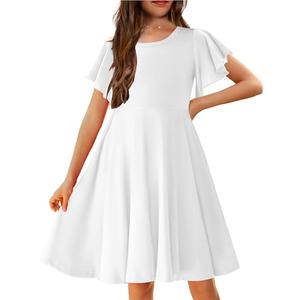 Arshiner Girls Dress Butterfly Sleeve Stretch A-Line Swing Skater Twirl School Dress with Pockets A White Tween 11-12 Y