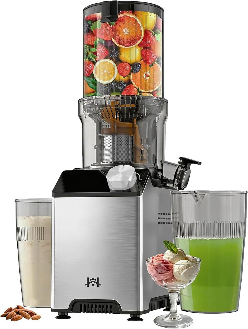 WHUTO Cold Press Juicer, Wide Feed Chute Juicer Machines, Stainless Steel Slow Masticating Juicers Easy to Clean, Vegetables & Fruits Juice Extractor, High Juice Yield, Platinum Color Knob
