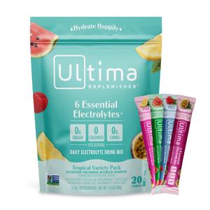 Ultima Replenisher Daily Electrolyte Powder Drink Mix  Tropical Variety, 20 Stickpacks  Hydration Packets with 6 Electrolytes and Minerals  Keto Friendly, Non-GMO and Sugar-Free