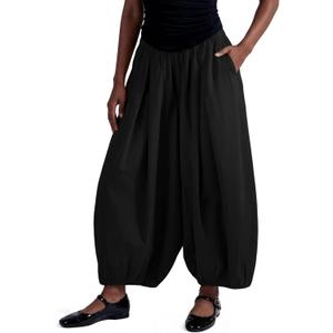 Fisoew Womens Wide Leg Balloon Pants Casual Barrel Elastic Waist Pleated Baggy Workout Sweat Pants with Pockets S