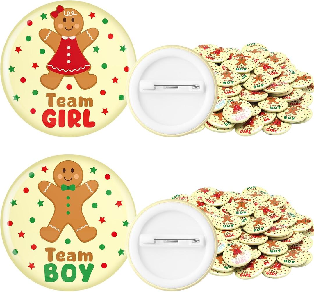 100 Pcs Christmas Gender Reveal Pins Daisy Baby Shower Buttons Pins Team He/Boy Team She/Girl Holiday for Gender Reveal Party Supply Baby Shower Game Decorations(Bright Color, Gingerbread)