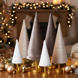 Hoolerry 6 Pcs Christmas Velvet Trees with Gold Pedestal Christmas Velvet Cones Tree Mantel Decor Modern Rustic Winter Home Minimalist for Holiday Entryway Table Wedding Centerpiece(Gold Brown)
