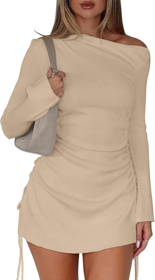 BEAGIMEG Women's Sexy Bodycon Long Sleeves Flared Sleeves One Shoulder Side Split Ruched Club Party Mini Dress (Medium, Khaki)