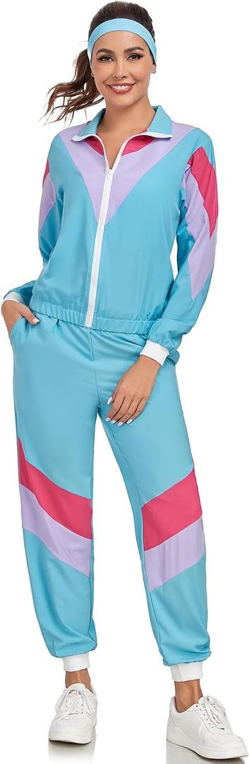 80s 90s Retro Windbreaker Set Women Workout Costume Outfit Track Suit for Women (Blue, L)