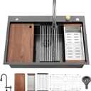 33x22 Drop In Kitchen Sink with Faucet Combo -33x22 Waterfall Kitchen Sink and Faucet Combo Set,16 Gauge Black Stainless Steel Waterfall Sink, 10" Deep Single Bowl Workstation Sinks