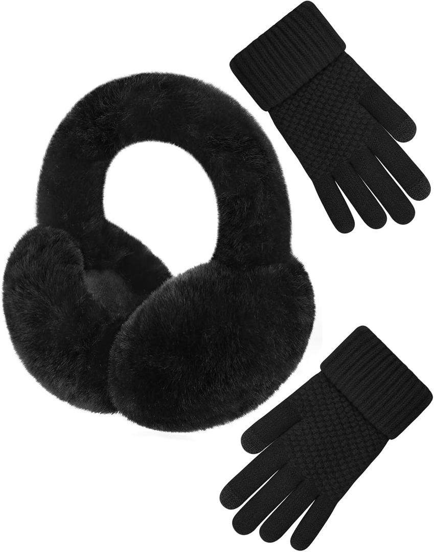 Senker Fashion Winter Ear Muffs Gloves for Women Foldable Warm Earmuffs Faux Fur Fluffy Warmers Covers Headband Cold Weather (Dark Black)