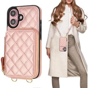 Bocasal Crossbody Wallet Case for iPhone 16, RFID Blocking PU Leather Zipper Handbag Purse Flip Cover, Kickstand Folio Case with Card Slots Holder Wrist Strap Lanyard 5G 6.1 Inch (Rose Gold)