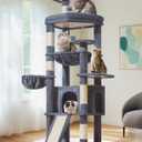 Taoqimiao 72 Inches Cat Tree for Large Cats, Multi-Level Tall Cat Tower, Widened Cat Condo with Large Scratch Board, 5 Scratching Posts, Metal Hammcock, Cozy Basket, Smoky Gray, MS045G