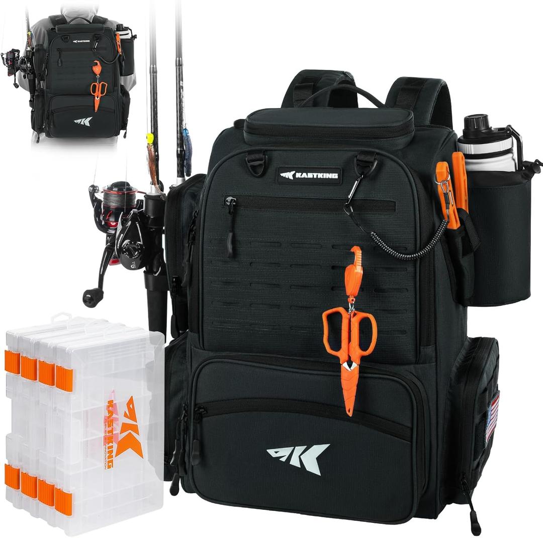 KastKing Bait Boss Fishing Tackle Backpack with Rod Holders-4 Tackle Boxes-Rain Cover,Storage for Fishing Gear