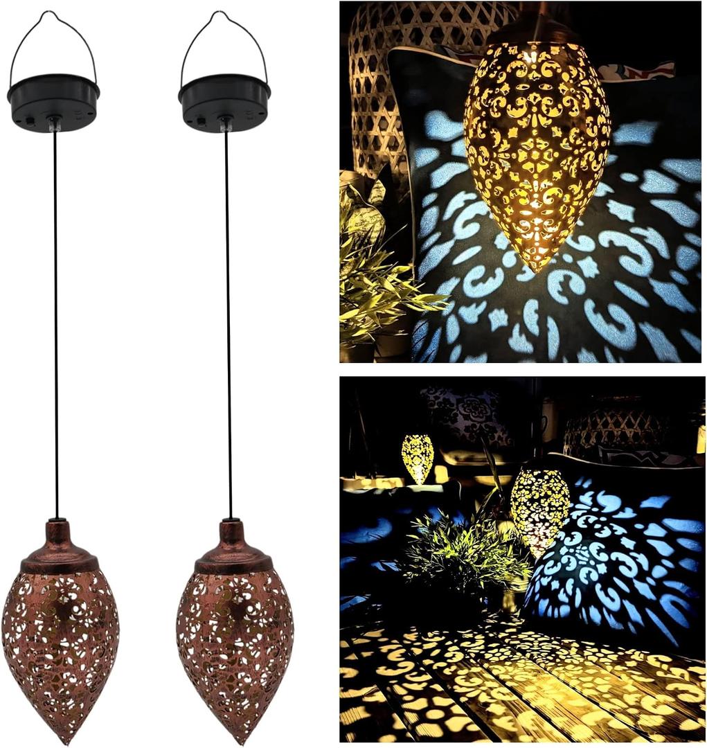 Solar Outdoor Lanterns - Hanging Lights, Set of 2 Moroccan Style Garden Party Decorative Rechargeable Lantern, Hurricane Lamps are Great for Front Porch, Patio and Yard