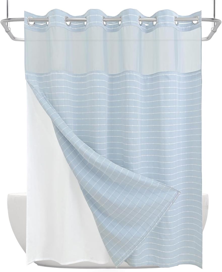 No Hook Shower Curtain Set with Snap-in Detachable Liner and Mesh Top Window, Grid Jacquard Fabric, Water-Repellent, 4 Hem Magnets, Side Suction Cups, Blue, 72 x 80 Inch