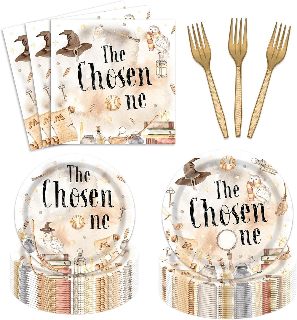 96 Pcs The Chosen One First Birthday Party Supplies Wizard 1st Birthday Disposable Paper Tableware Magical School Bday Party Paper Plates Napkins Fork Serves 24