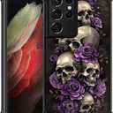 for Samsung Galaxy S21 Ultra Case, Shockproof Protective for Man Women Non-Slip for Samsung Galaxy S21 Ultra Illustration Scary Skulls Purple Roses Crazy Pattern